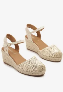 Beżowe Sandały Boho z Ażurową Cholewką na Plecionym Koturnie Tenavinea