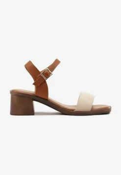 Beżowe Sandały Boho z Imitacją Drewna na Obcasie i Podeszwie Effioma