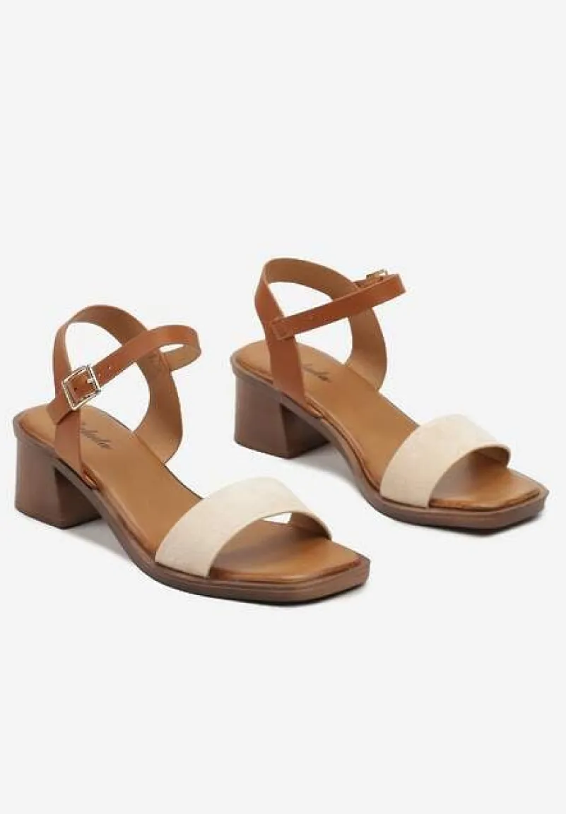 Beżowe Sandały Boho z Imitacją Drewna na Obcasie i Podeszwie Effioma