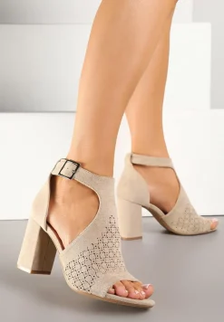 Beżowe Sandały Botki ze Sprzączką na Słupku Ciarilora