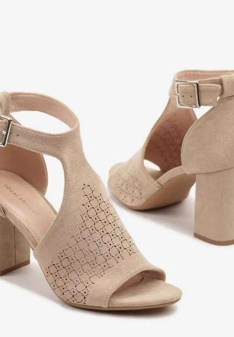 Beżowe Sandały Botki ze Sprzączką na Słupku Ciarilora