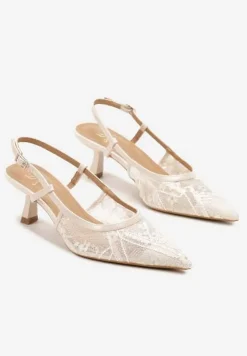 Beżowe Sandały Koronkowe na Kaczuszce z Noskiem w Szpic i Odkrytą Piętą Tyslevia