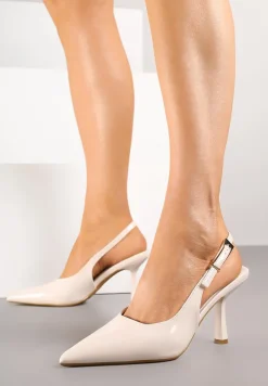 Beżowe Sandały Lakierowane na Szpilce Vices Typu Slingback Tilazea