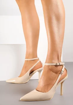 Beżowe Sandały Lakierowane Vices na Szpilce Typu Slingback Dolenita