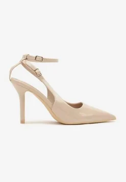 Beżowe Sandały Lakierowane Vices na Szpilce Typu Slingback Dolenita
