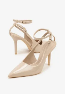Beżowe Sandały Lakierowane Vices na Szpilce Typu Slingback Dolenita