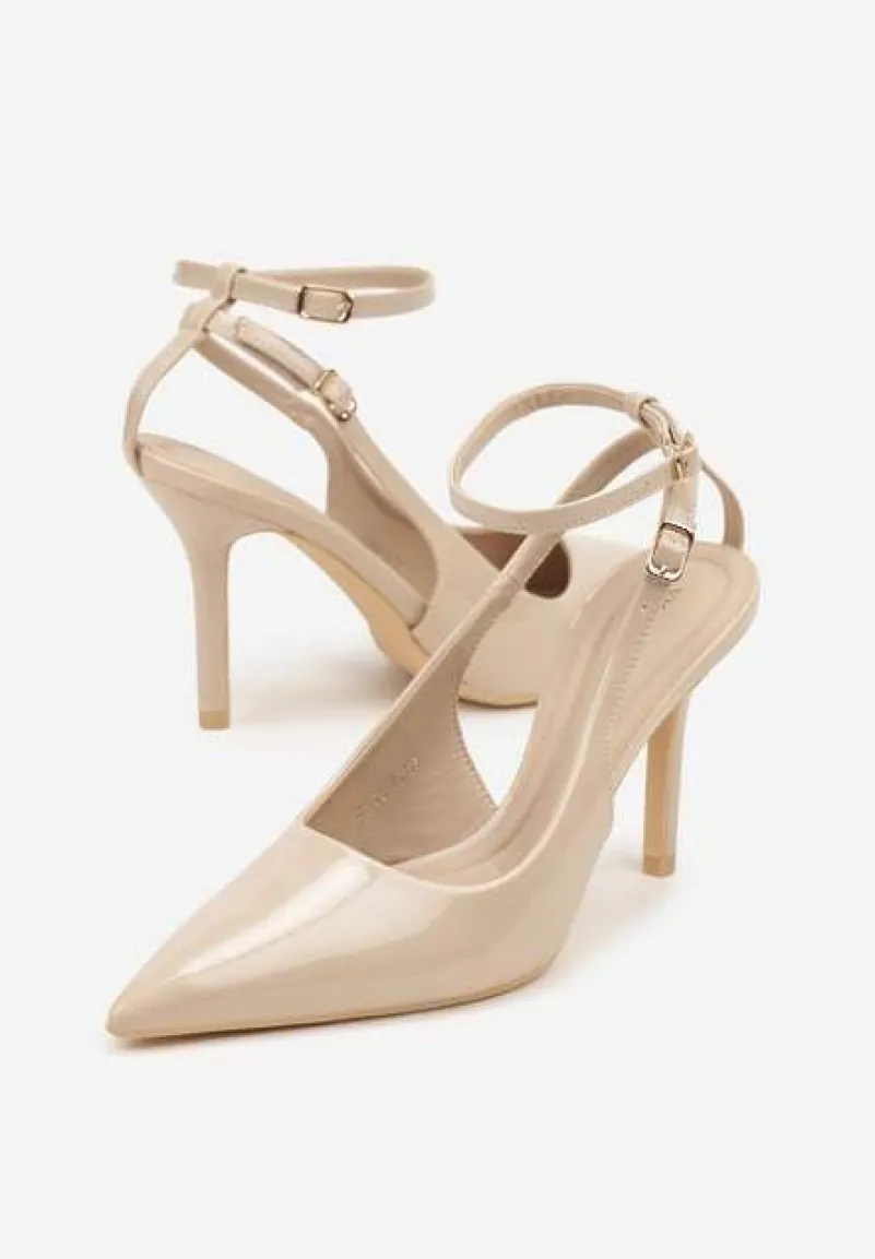Beżowe Sandały Lakierowane Vices na Szpilce Typu Slingback Dolenita