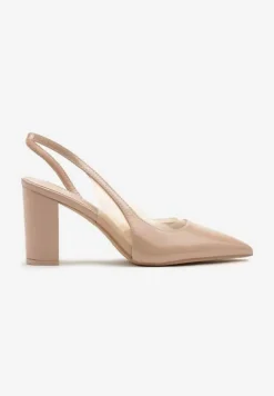 Beżowe Sandały Lakierowane na Słupku typu Slingback Dralzedi