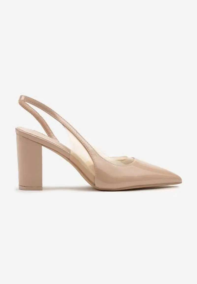 Beżowe Sandały Lakierowane na Słupku typu Slingback Dralzedi