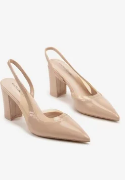 Beżowe Sandały Lakierowane na Słupku typu Slingback Dralzedi