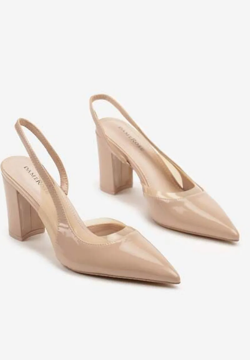 Beżowe Sandały Lakierowane na Słupku typu Slingback Dralzedi