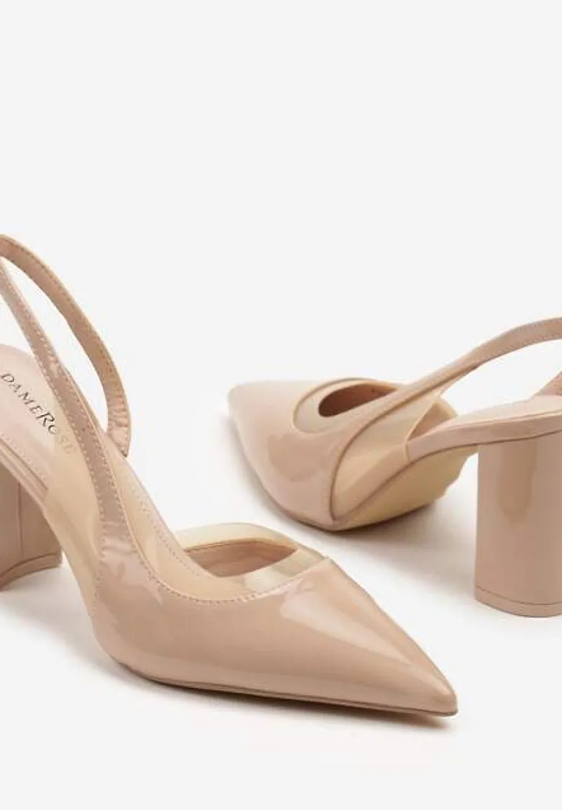 Beżowe Sandały Lakierowane na Słupku typu Slingback Dralzedi
