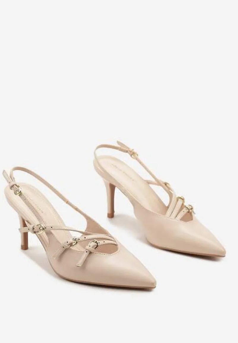 Beżowe Sandały na Cienkiej Szpilce z Imitacji Skóry z Regulowanymi Paskami Vianara