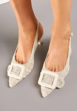 Beżowe Sandały na Kaczuszce Typu Slingback Ozdobione Plecionką i Klamrą Elivrella