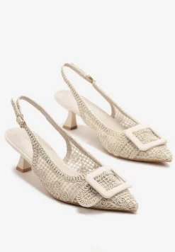 Beżowe Sandały na Kaczuszce Typu Slingback Ozdobione Plecionką i Klamrą Elivrella