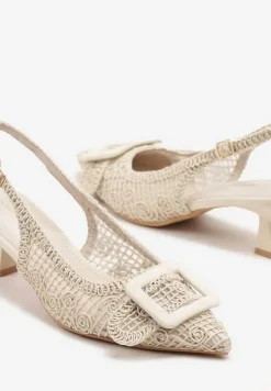 Beżowe Sandały na Kaczuszce Typu Slingback Ozdobione Plecionką i Klamrą Elivrella