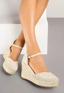 Beżowe Sandały na Koturnie w Typie Espadryli Ozdobione Plecionką Akiora