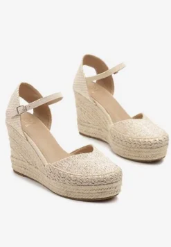 Beżowe Sandały na Koturnie w Typie Espadryli Ozdobione Plecionką Akiora