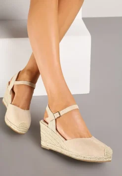 Beżowe Sandały na Koturnie w Stylu Espadryli Ozdobione Plecionką Iladira
