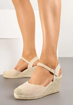 Beżowe Sandały na Koturnie w Stylu Espadryli Ozdobione Plecionką Iladira