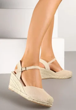 Beżowe Sandały na Koturnie w Stylu Espadryli Ozdobione Plecionką Iladira