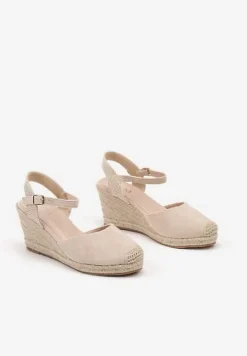 Beżowe Sandały na Koturnie w Stylu Espadryli Ozdobione Plecionką Iladira