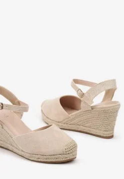 Beżowe Sandały na Koturnie w Stylu Espadryli Ozdobione Plecionką Iladira