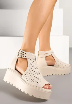 Beżowe Sandały na Koturnie z Ażurową Cholewką i Skórzaną Wkładką Evialina