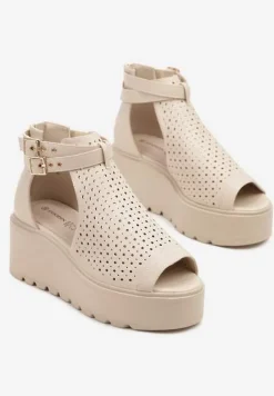 Beżowe Sandały na Koturnie z Ażurową Cholewką i Skórzaną Wkładką Evialina