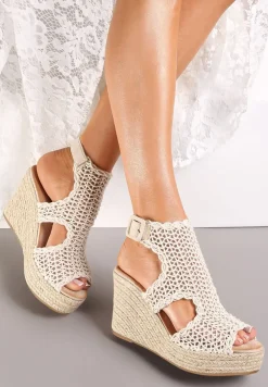 Beżowe Sandały na Koturnie i Platformie z Plecionki Vescula