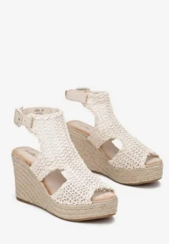 Beżowe Sandały na Koturnie i Platformie z Plecionki Vescula