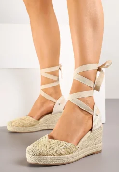 Beżowe Sandały na Koturnie Ozdobione Wiązaniem i Plecionką Talurelia