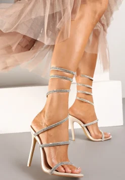 Beżowe Sandały na Obcasie Ozdobione Cyrkoniową Sprężyną na Łydkę Nelesi