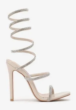 Beżowe Sandały na Obcasie Ozdobione Cyrkoniową Sprężyną na Łydkę Nelesi