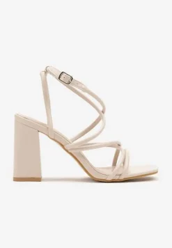 Beżowe Sandały na Obcasie z Cienkimi Paskami Kaloren