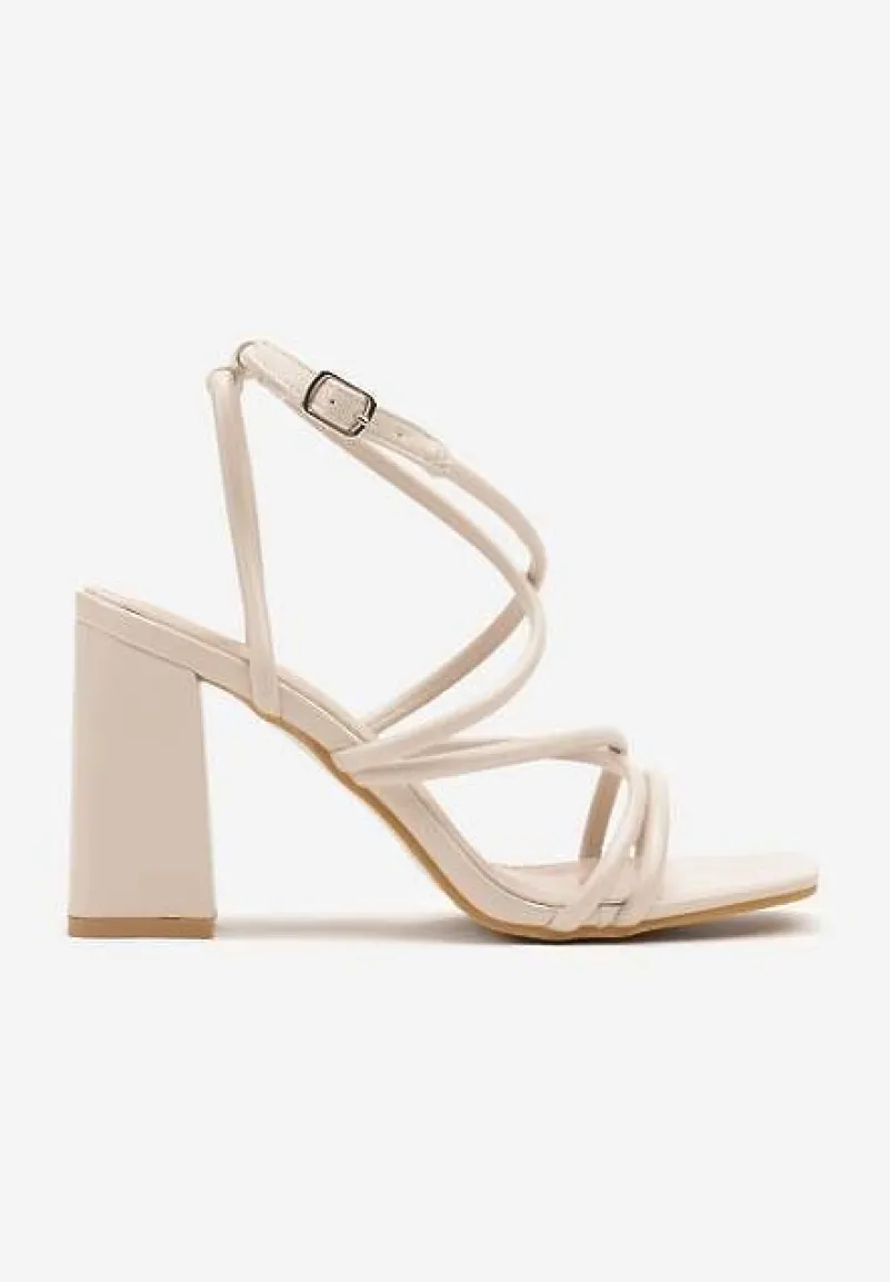 Beżowe Sandały na Obcasie z Cienkimi Paskami Kaloren