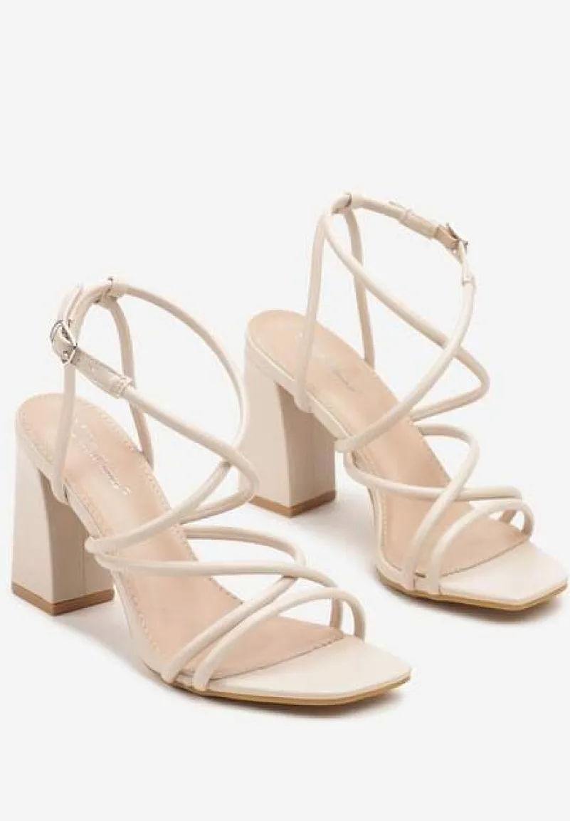 Beżowe Sandały na Obcasie z Cienkimi Paskami Kaloren