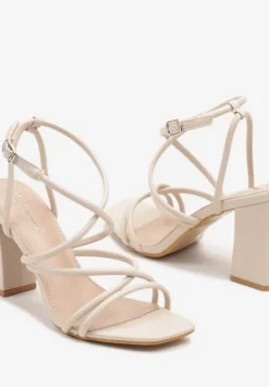 Beżowe Sandały na Obcasie z Cienkimi Paskami Kaloren