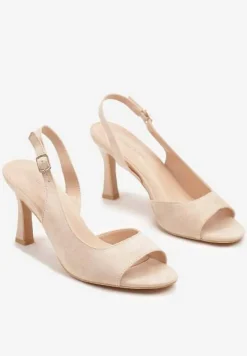 Beżowe Sandały na Obcasie Zapinane na Sprzączkę Nonasel