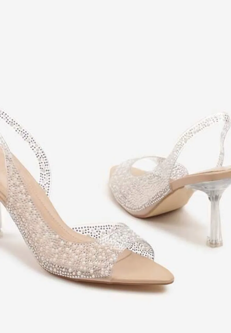 Beżowe Sandały na Obcasie z Transparentną Cholewką z Cyrkoniami Sorisca