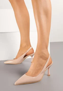 Beżowe Sandały na Obcasie ze Szpiczastym Noskiem i Paskiem przy Pięcie Deovienne