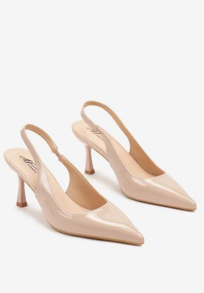 Beżowe Sandały na Obcasie ze Szpiczastym Noskiem i Paskiem przy Pięcie Deovienne