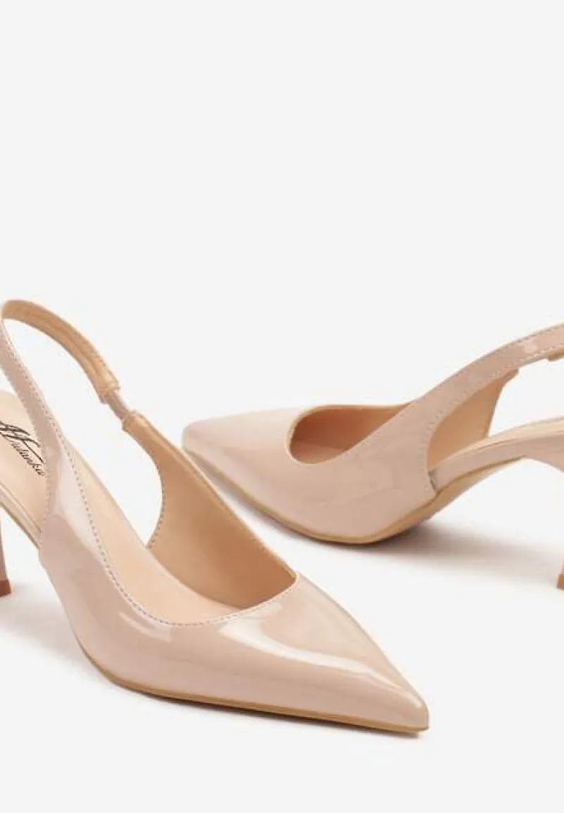 Beżowe Sandały na Obcasie ze Szpiczastym Noskiem i Paskiem przy Pięcie Deovienne