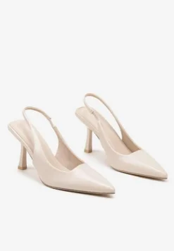 Beżowe Sandały na Obcasie ze Szpiczastym Noskiem i Odkrytą Piętą Nanalis