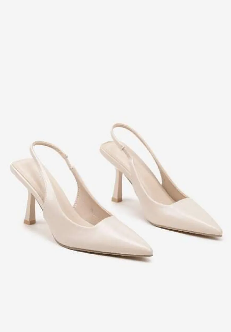 Beżowe Sandały na Obcasie ze Szpiczastym Noskiem i Odkrytą Piętą Nanalis