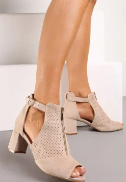 Beżowe Sandały na Obcasie z Suwakiem Zdobione Perforacją i Wycięciami c