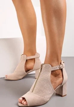 Beżowe Sandały na Obcasie z Suwakiem Zdobione Perforacją i Wycięciami c