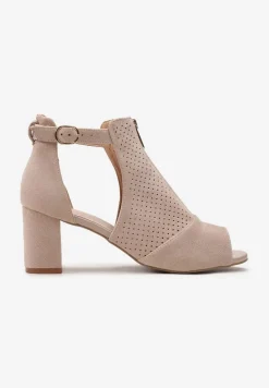 Beżowe Sandały na Obcasie z Suwakiem Zdobione Perforacją i Wycięciami c