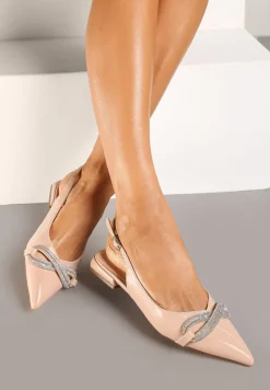 Beżowe Sandały na Płaskiej Podeszwie z Odkrytą Piętą i Kokardą z Cyrkonii Helfedi