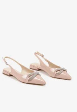 Beżowe Sandały na Płaskiej Podeszwie z Odkrytą Piętą i Kokardą z Cyrkonii Helfedi